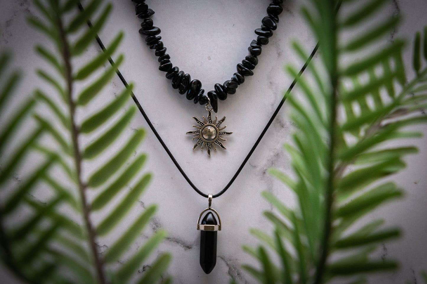 Obsidian sun choker double stack necklace