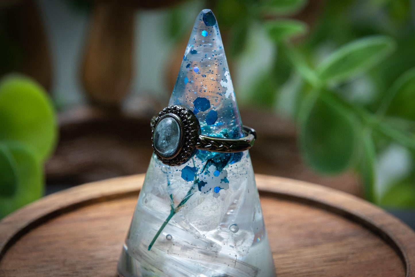 Aquamarine black band adjustable ring