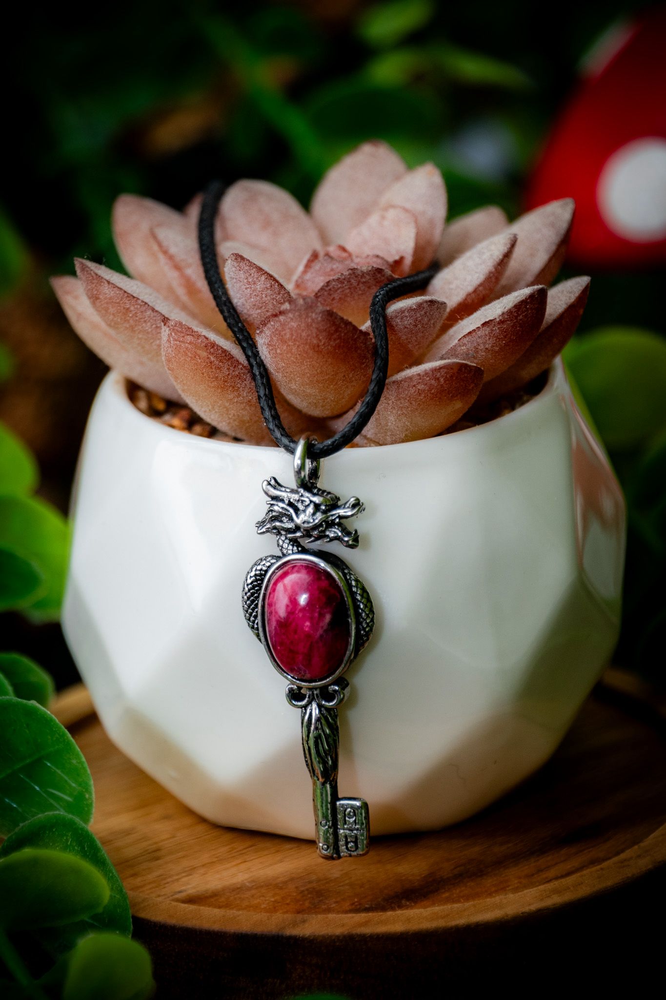 Rhodonite dragon key necklace