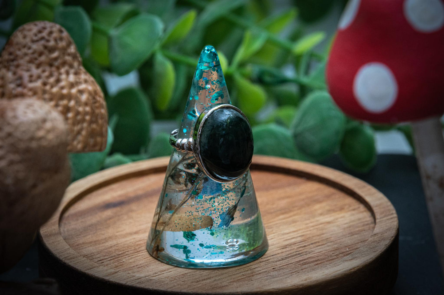Moss agate statement adjustable ring