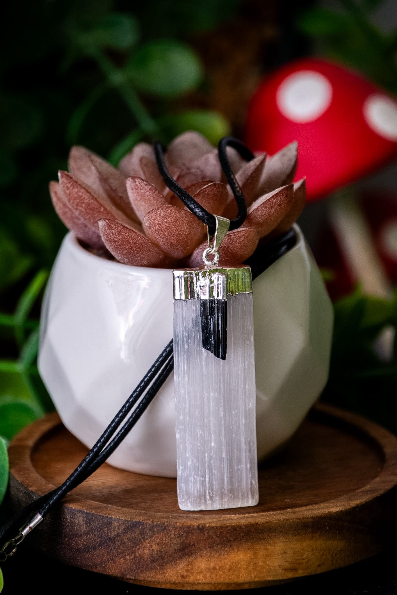 Selenite and black tourmaline necklace