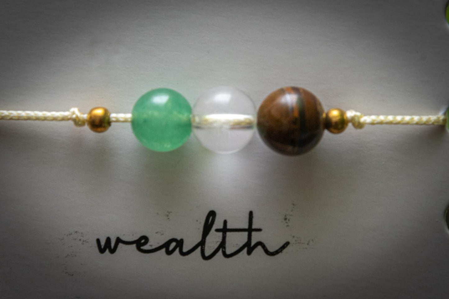 Wealth crystal intention adjustable corded bracelet - Green Aventurine, Clear Quartz and tigers eye