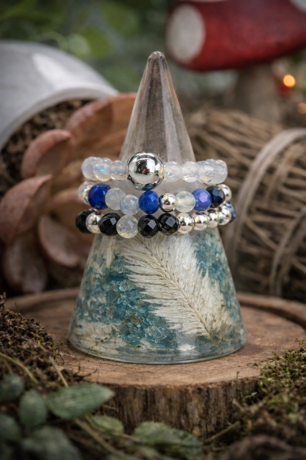Northern lights elasticated ring set • Lapis Lazuli•Labradorite • Opalite • Fluorite • Black Obsidian •