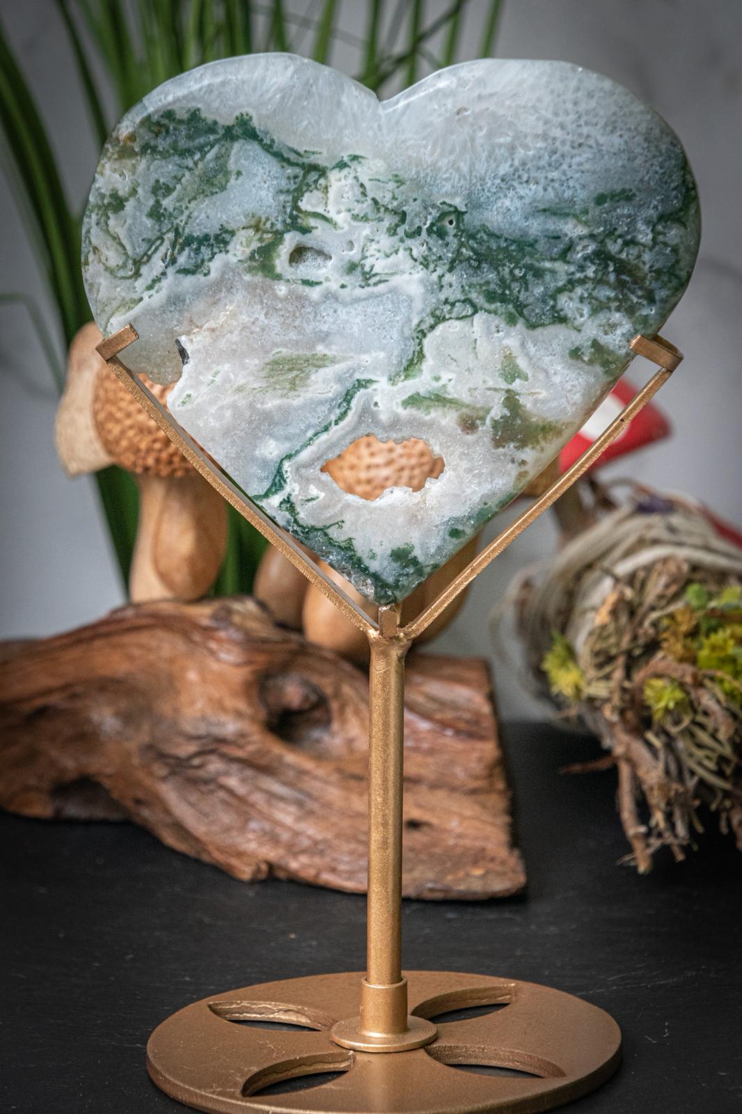 Moss agate heart carving on stand