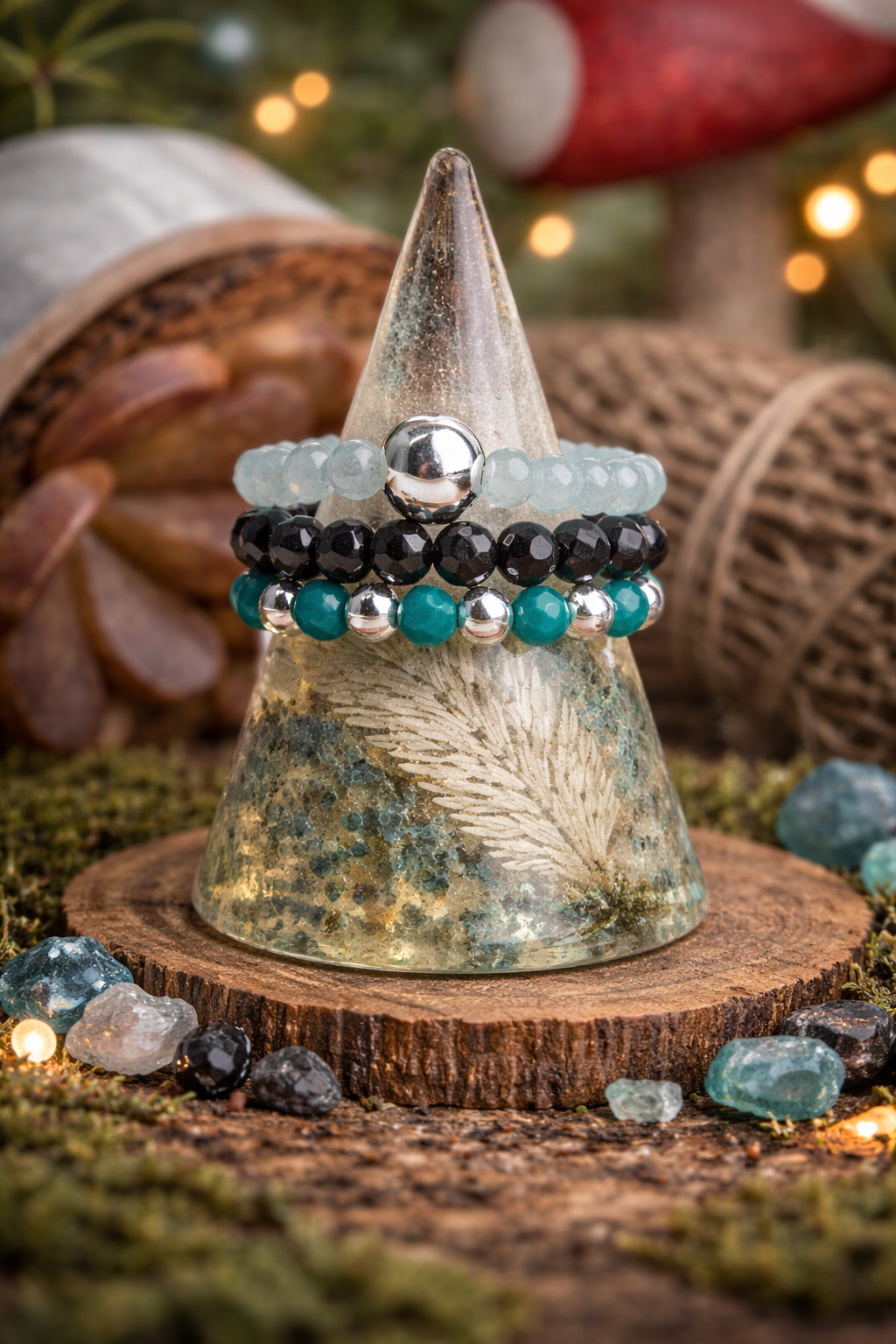 Endless oceans elasticated ring set • Aquamarine • Turquoise • Black Obsidian •