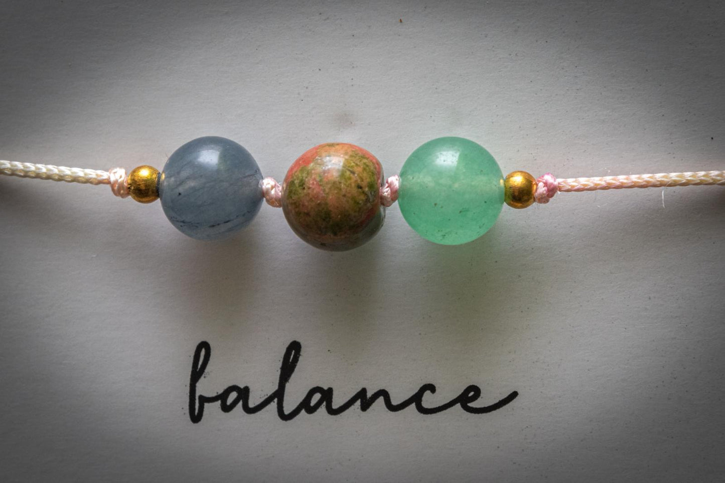 Balance crystal intention adjustable corded bracelet - Grey Aventurine, Unakite & Green Aventurine