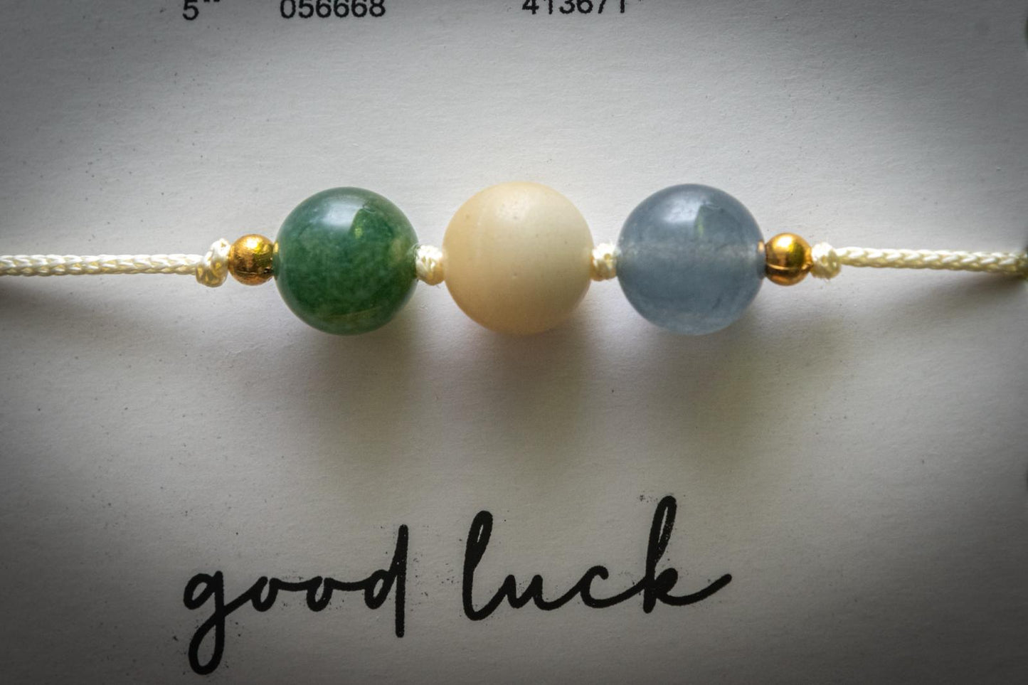 Good luck crystal intention adjustable corded bracelet - Moss Agate, Chrysocolla/Amazonite & Grey Aventurine