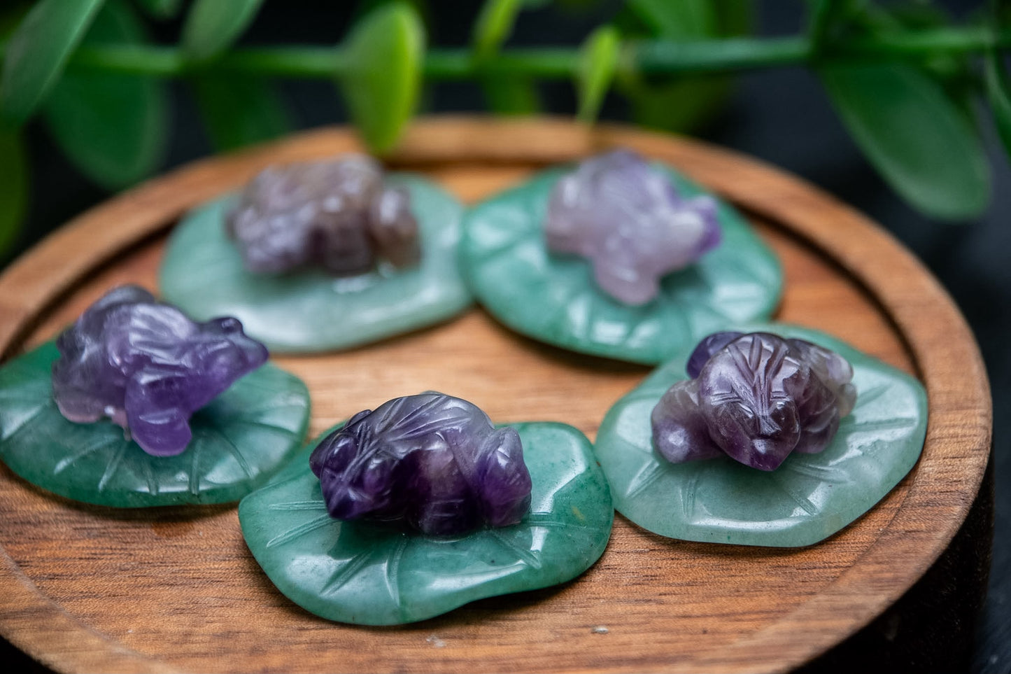 Chevron Amethyst frog on Green Aventurine lily pad carving