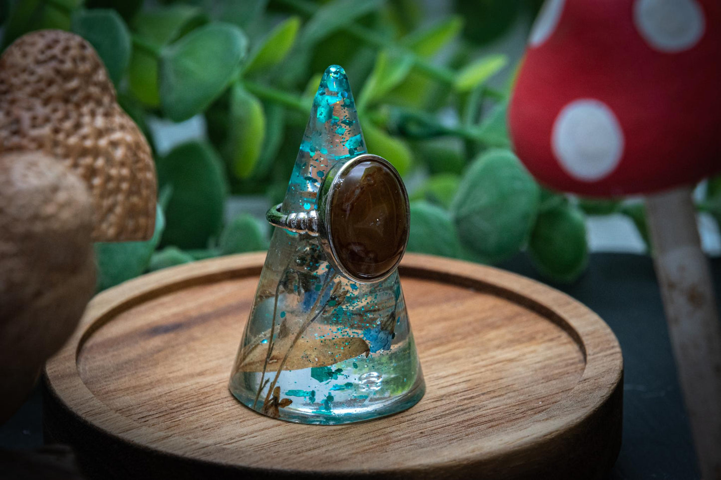 Moss agate statement adjustable ring