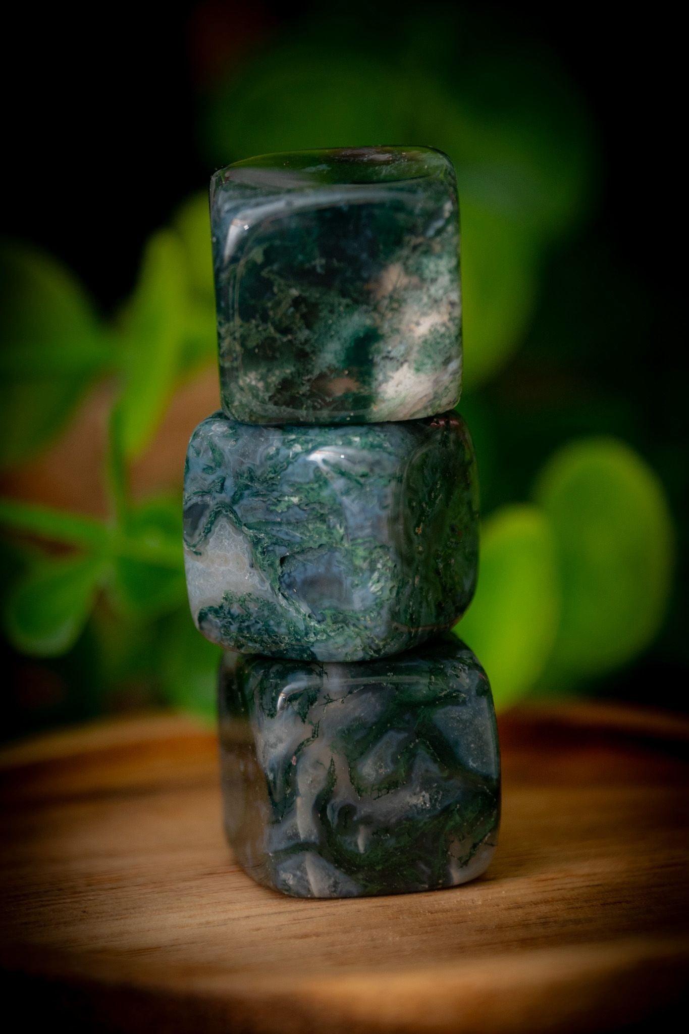 Moss agate cube carving