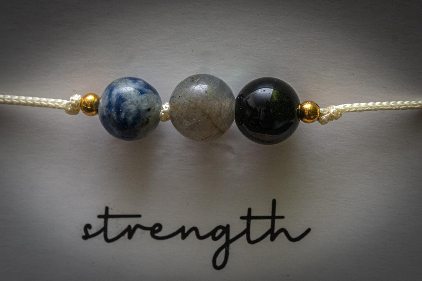 Strength crystal intention adjustable corded bracelet - Sodalite, Labradorite & Black obsidian