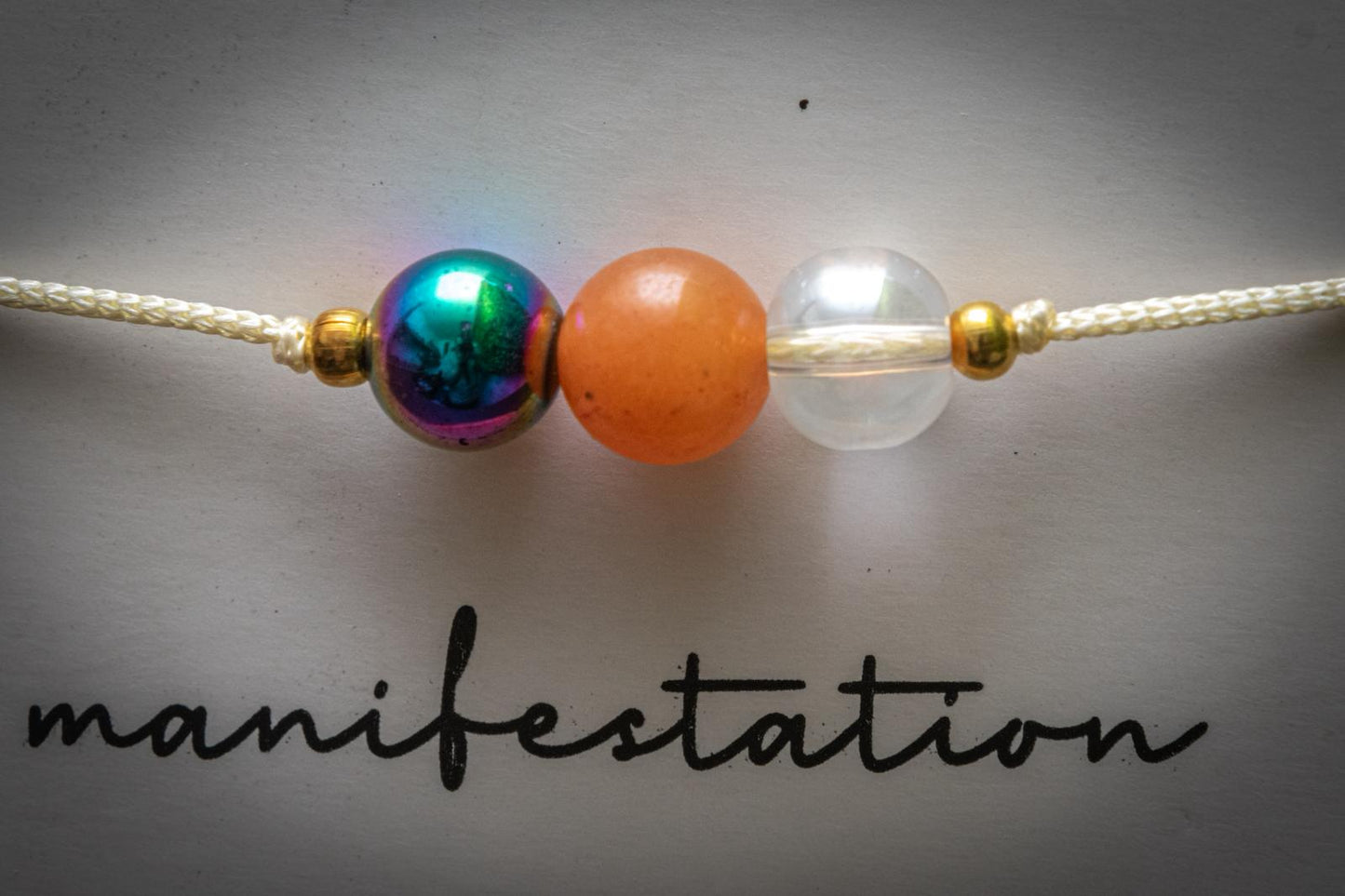 Manifestation crystal intention corded bracelet - Aura Hematite, Red Aventurine & Aura Quartz