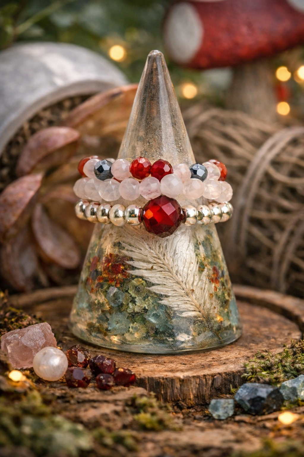 Love & Flame elasticated ring set • Rose Quartz • Ruby •