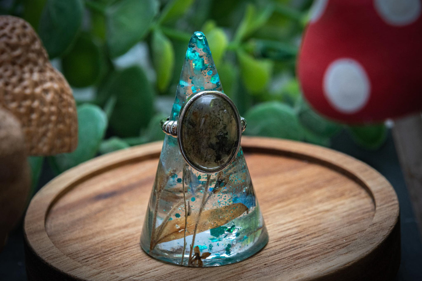 Moss agate statement adjustable ring