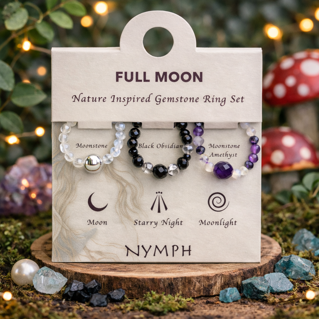 Full moon elasticated ring set - Moonstone • Black Obsidian • Amethyst
