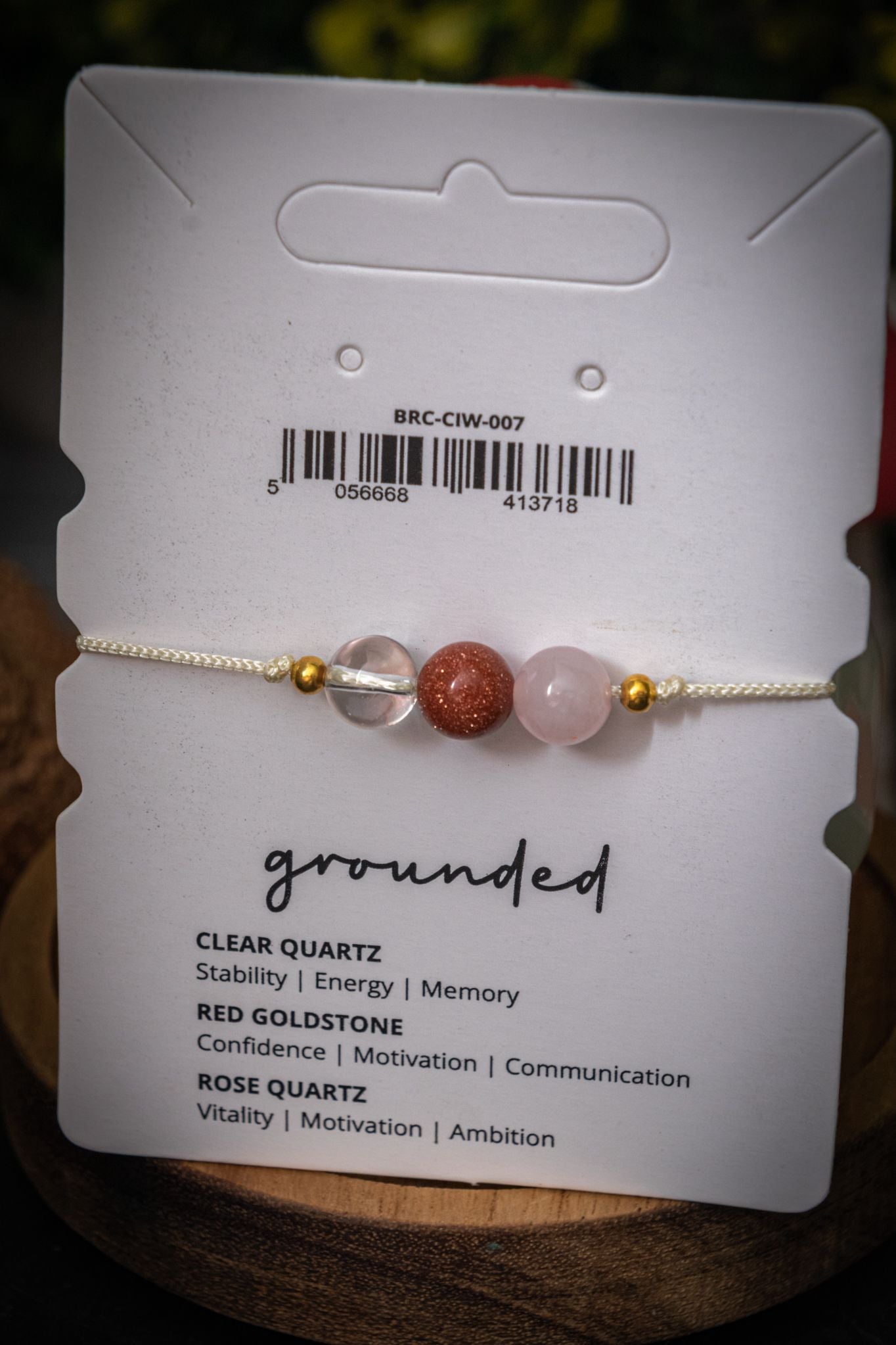 Grounded crystal intention adjustable corded bracelet - Clear Quartz, Red Goldstone & Rose quartz