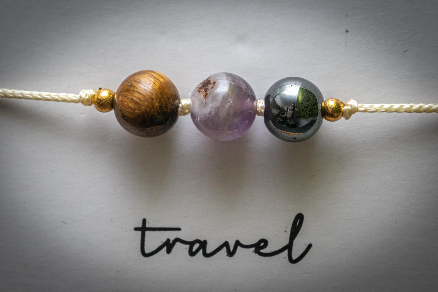 Travel crystal intention adjustable corded bracelet - Tigers eye, Amethyst & Hematite
