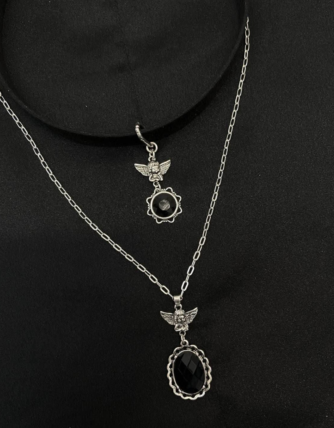 Double Angel black stone two row choker