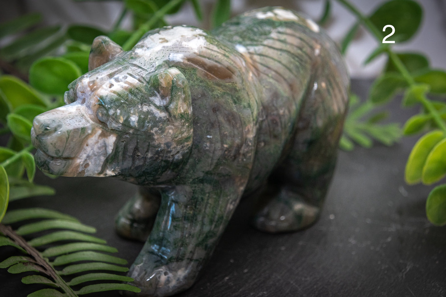 Moss agate bear carvings