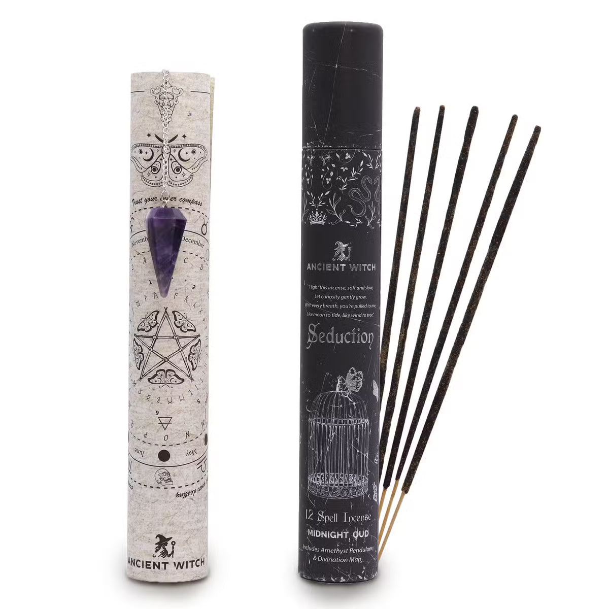 Ancient witch spell incense with Amethyst Pendulum and divination map