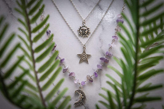 Starlit spirit triple stack necklace – Sun, spiral star & Amethyst crescent moon