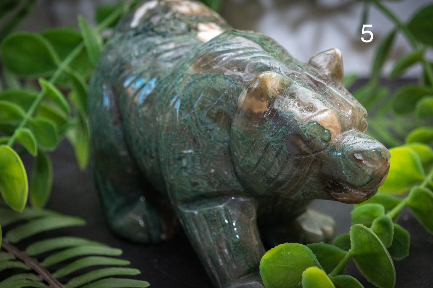 Moss agate bear carvings