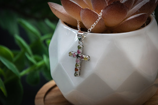 Colourful tourmaline cross necklace