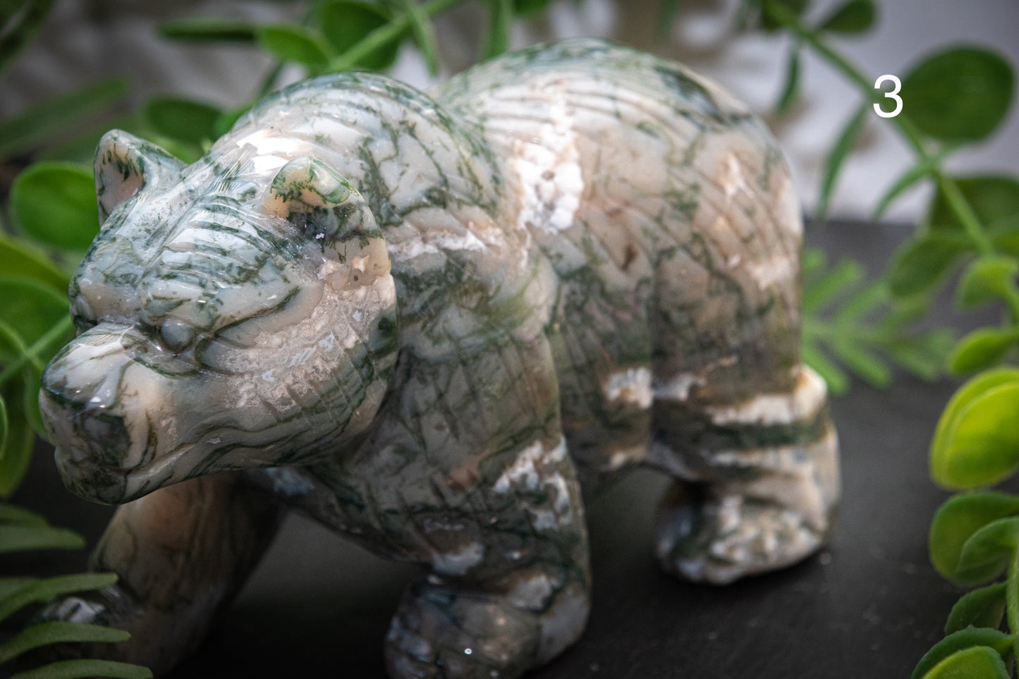 Moss agate bear carvings