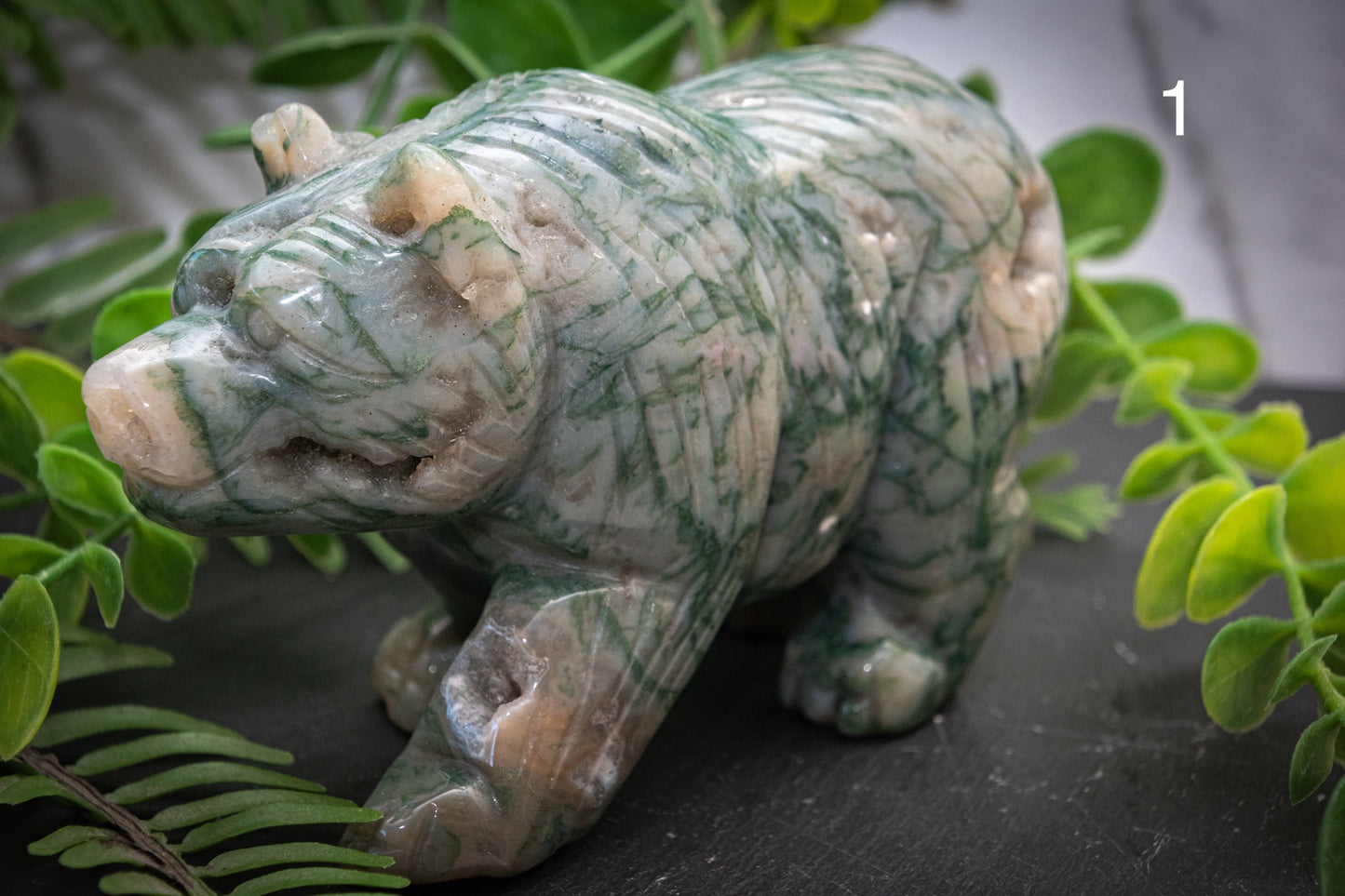 Moss agate bear carvings