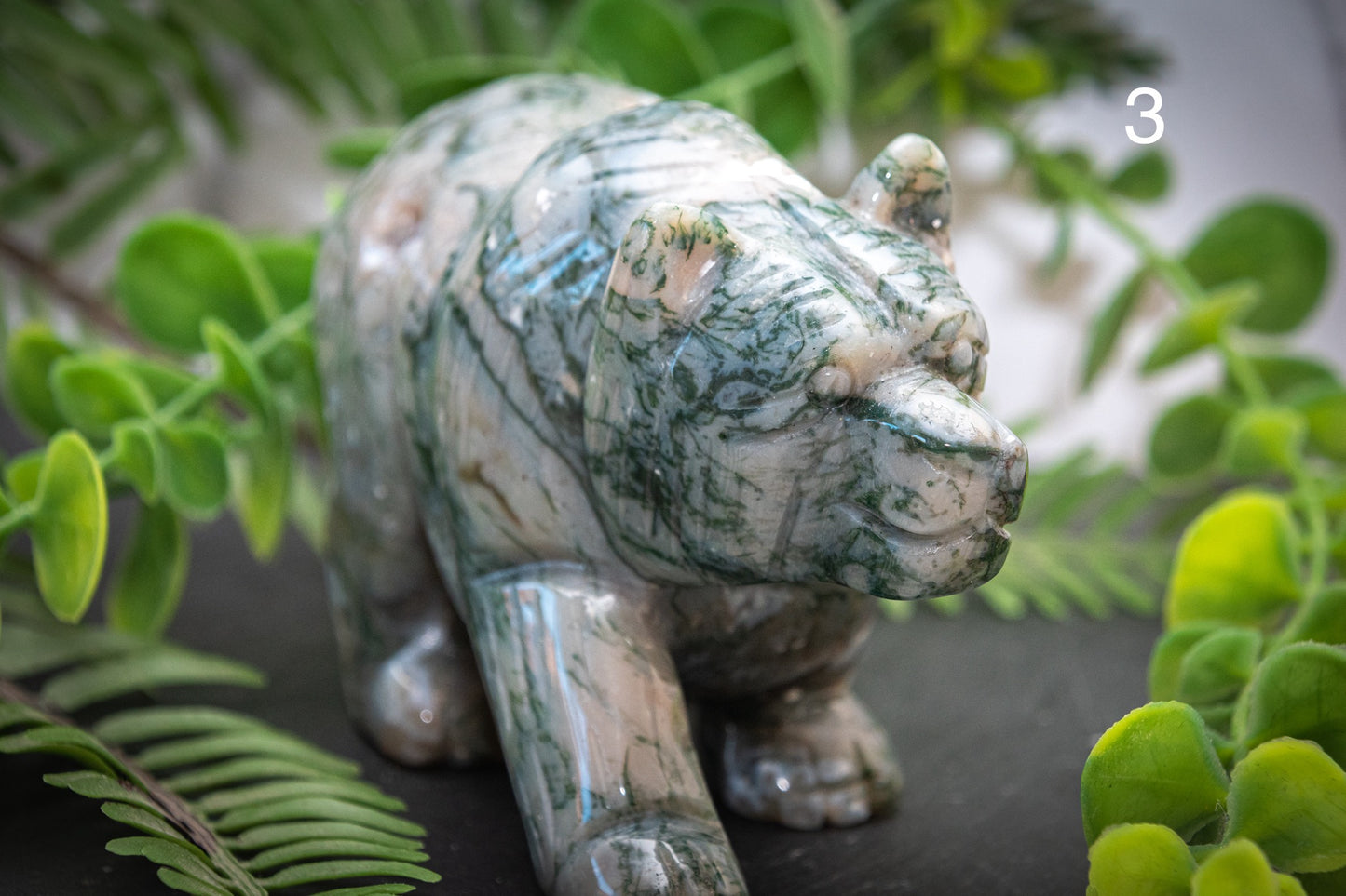 Moss agate bear carvings