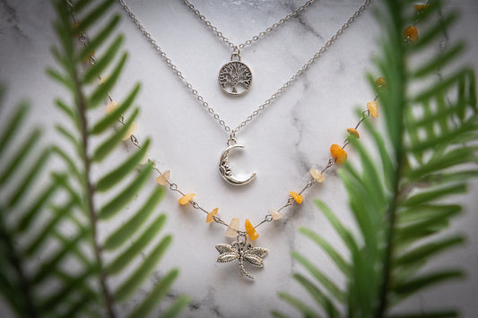 Nature’s harmony triple stack – Tree of life, moon & yellow aventurine Dragonfly necklace layered set