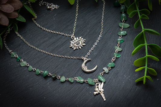 Forest moonlight triple necklace – Sun, Moon & Fairy charm with Green Aventurine beads