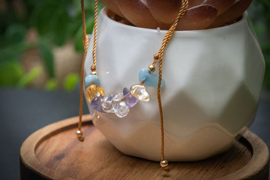 Embrace New beginnings  - chip adjustable corded bracelet - Aquamarine, Citrine, Clear Quartz & Fluorite