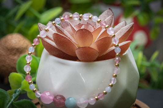 Friendship faceted bracelet set - Rose Quartz, Strawberry Quartz, Aquamarine & Moonstone