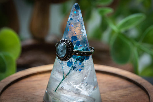 Aquamarine black band adjustable ring