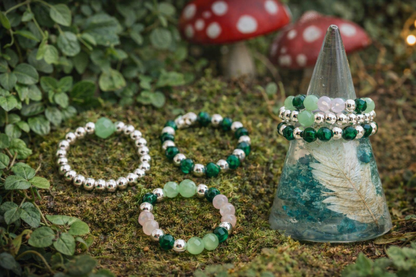 Forest spirit elasticated ring set - Malachite • Green Aventurine • Rose quartz