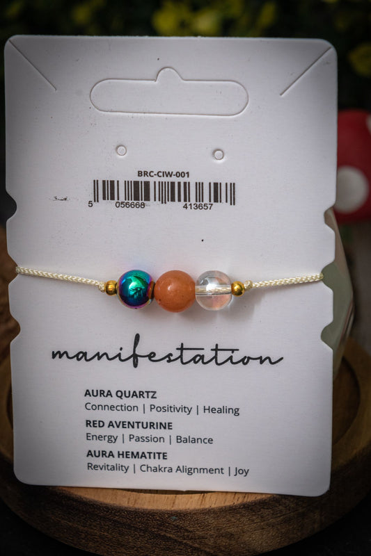 Manifestation crystal intention corded bracelet - Aura Hematite, Red Aventurine & Aura Quartz