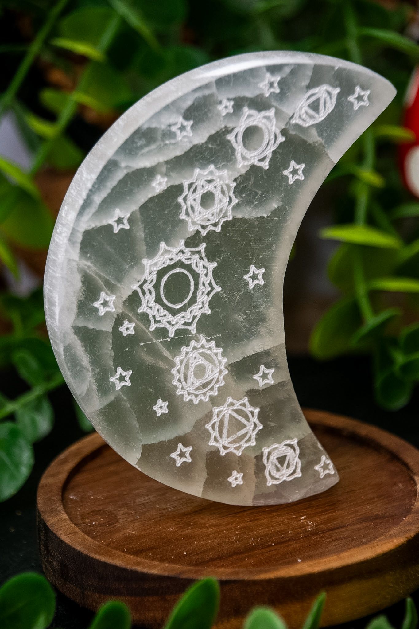 Selenite (satin spar) moon plate carving