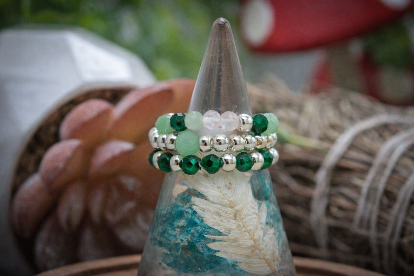 Forest spirit elasticated ring set - Malachite • Green Aventurine • Rose quartz