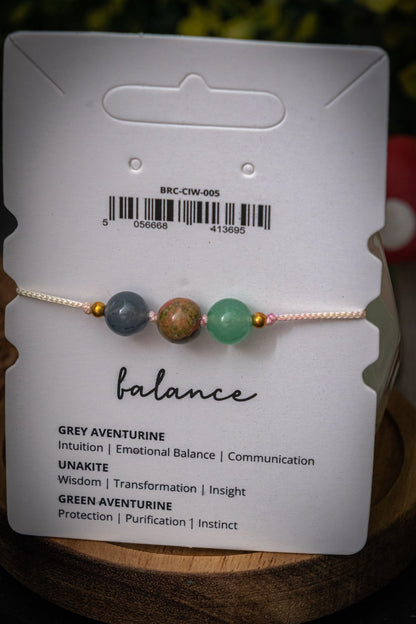 Balance crystal intention adjustable corded bracelet - Grey Aventurine, Unakite & Green Aventurine