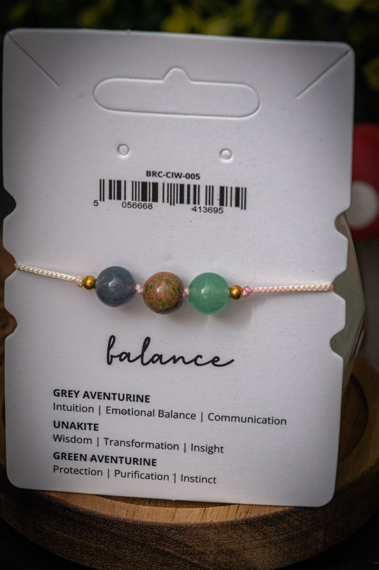 Balance crystal intention adjustable corded bracelet - Grey Aventurine, Unakite & Green Aventurine