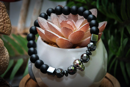 Hematite silver and wood skull bracelet