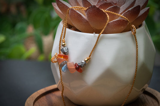 Strength and confidence chip adjustable corded bracelet - pyrite, Carnelian, Labradorite and Sunstone