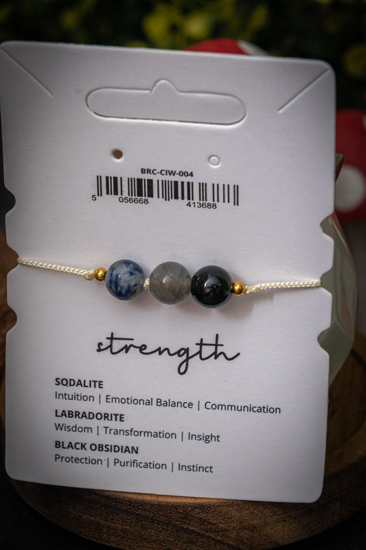 Strength crystal intention adjustable corded bracelet - Sodalite, Labradorite & Black obsidian