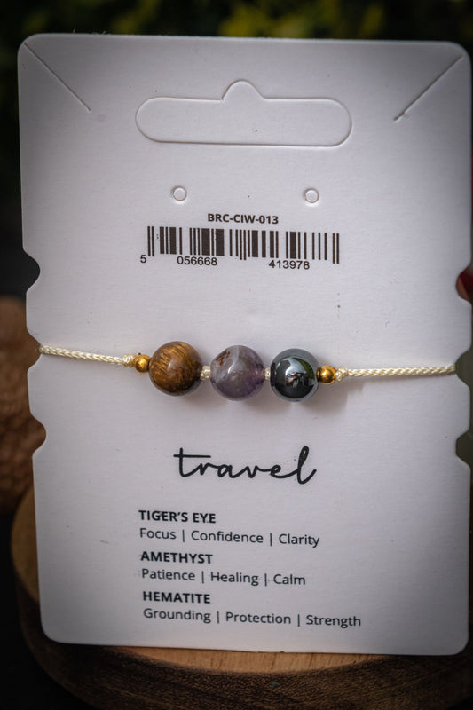 Travel crystal intention adjustable corded bracelet - Tigers eye, Amethyst & Hematite