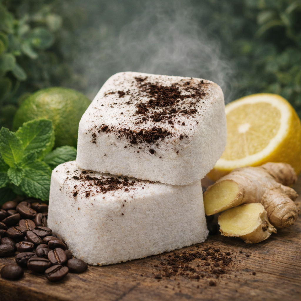 Shower steamer • Coffee • Ginger • Lemon • Peppermint • Wake • Energise • Focus