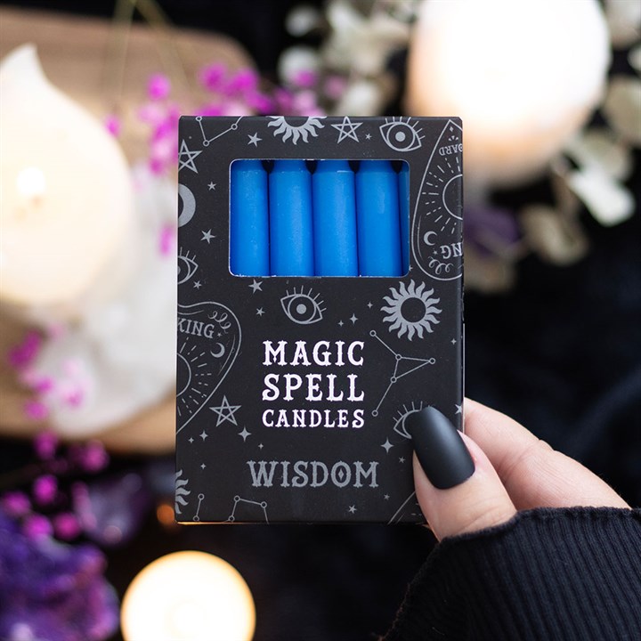 Pack of 12 blue 'WISDOM' spell candles
