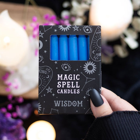 Pack of 12 blue 'WISDOM' spell candles