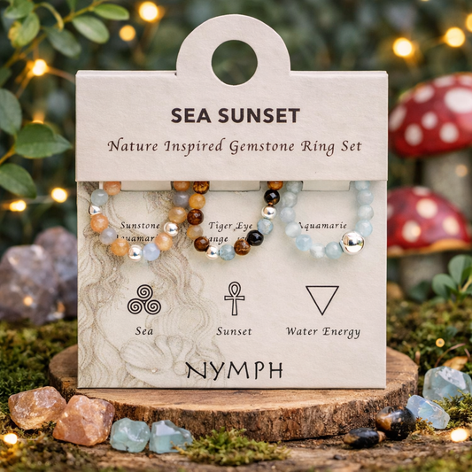 Sea sunset elasticated ring set • Aquamarine • Tiger’s eye • Sunstone •