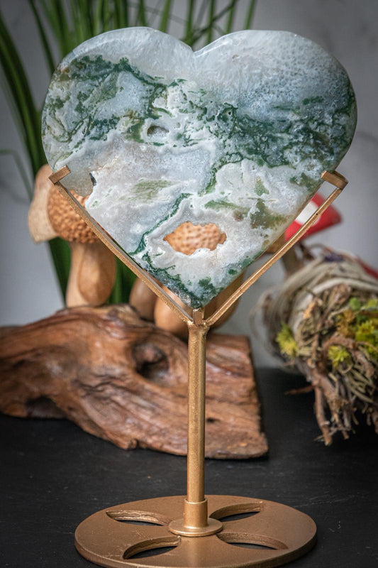 Moss agate heart carving on stand
